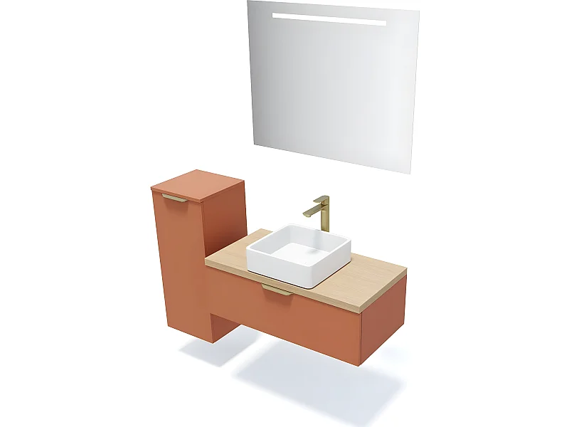 Meuble de salle de bain suspendu vasque à poser 90cm 1 tiroir Terracotta + miroir + colonne ouverture gauche - Venice