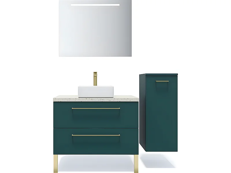 Meuble de salle de bain suspendu vasque à poser 90cm 2 tiroirs Bleu + miroir + colonne ouverture droite - Glasgow