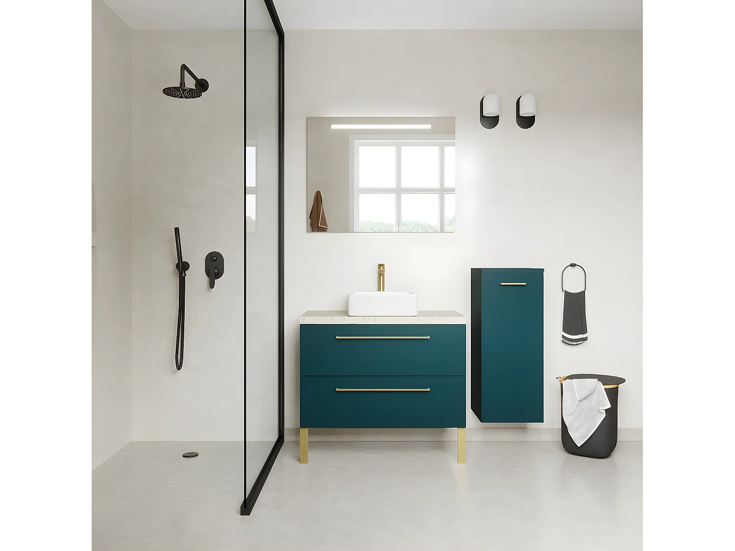 Meuble de salle de bain suspendu vasque à poser 90cm 2 tiroirs Bleu + miroir + colonne ouverture droite - Glasgow