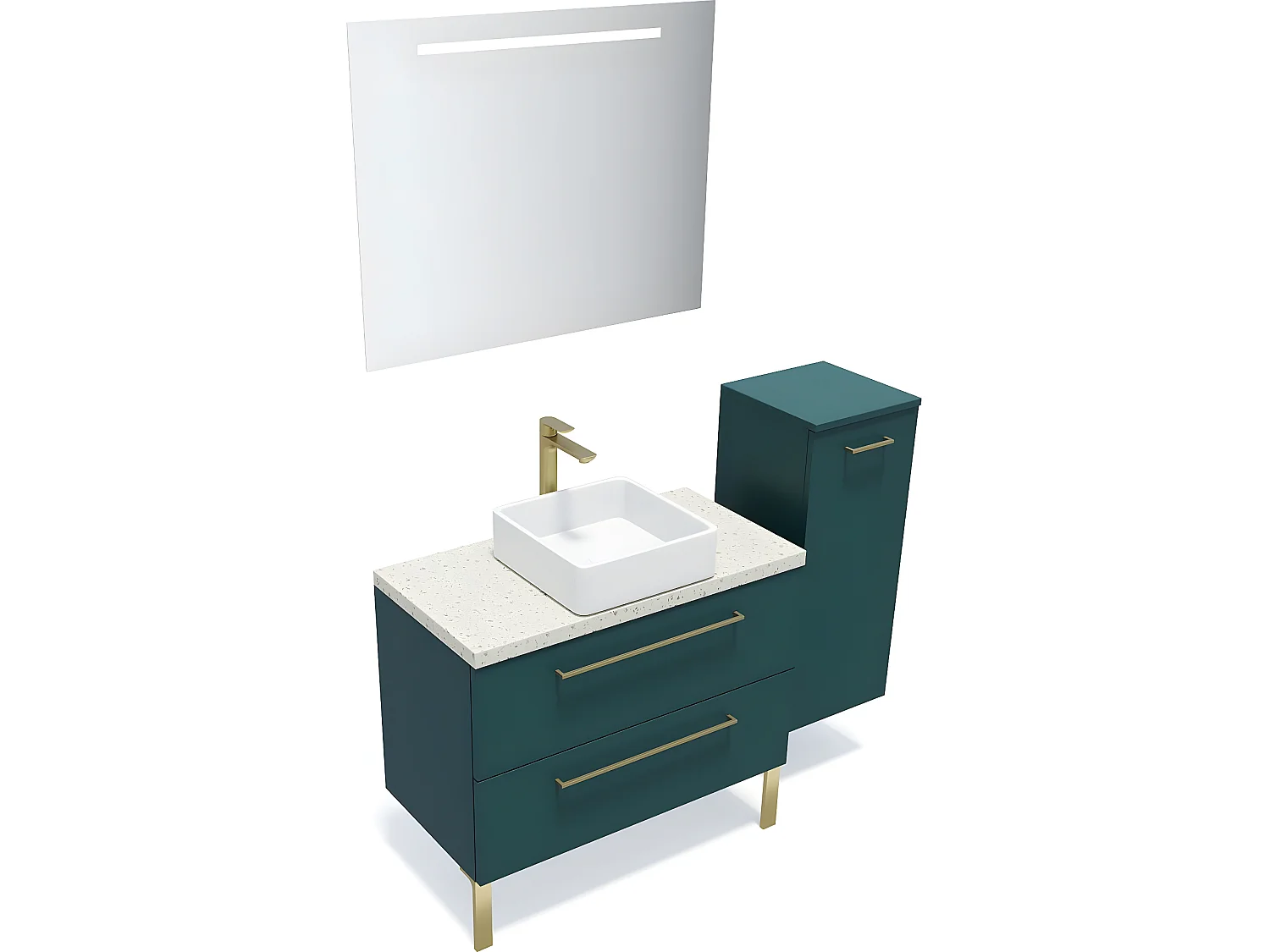 Meuble de salle de bain suspendu vasque à poser 90cm 2 tiroirs Bleu + miroir + colonne ouverture droite - Glasgow