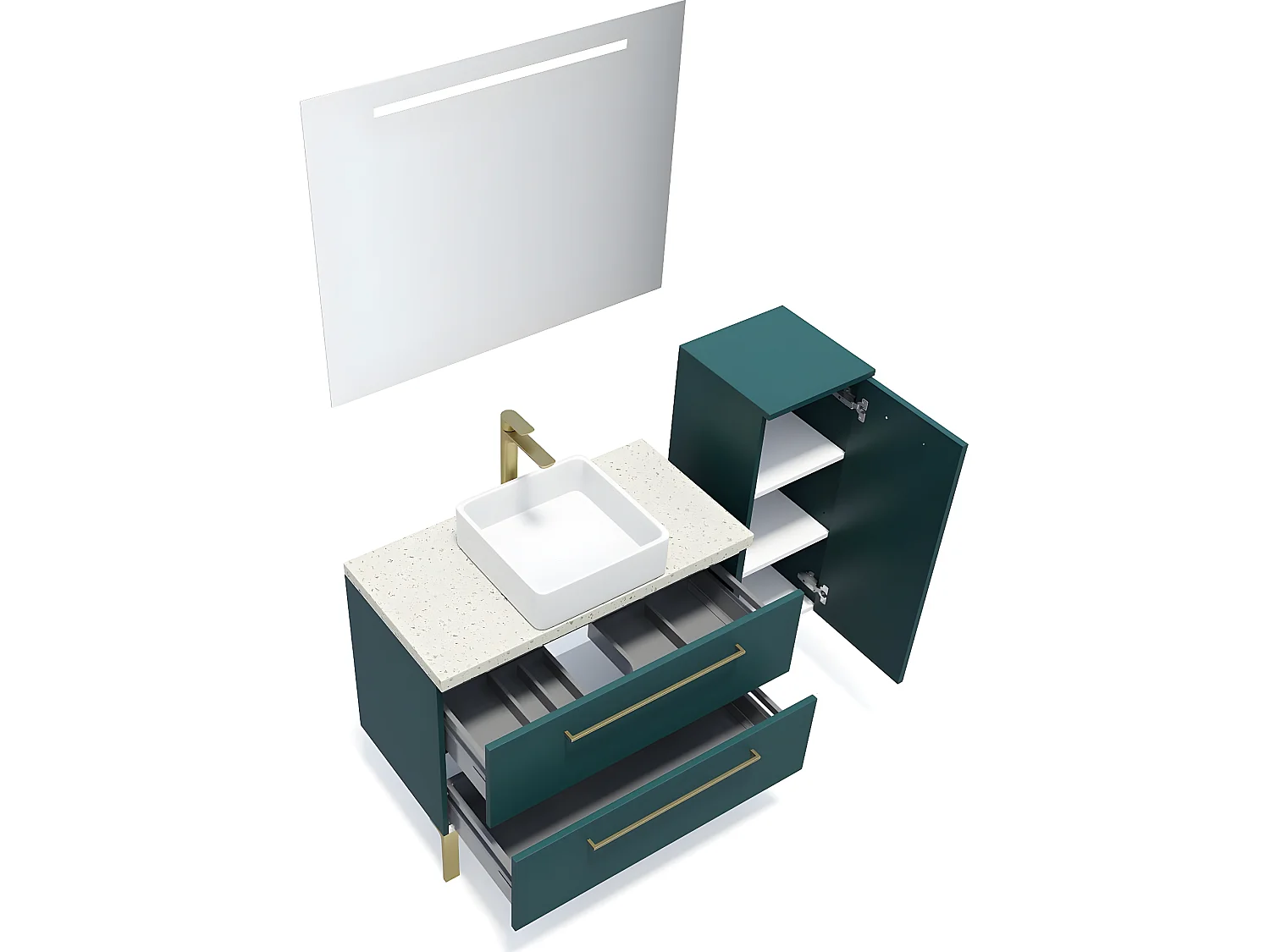 Meuble de salle de bain suspendu vasque à poser 90cm 2 tiroirs Bleu + miroir + colonne ouverture droite - Glasgow