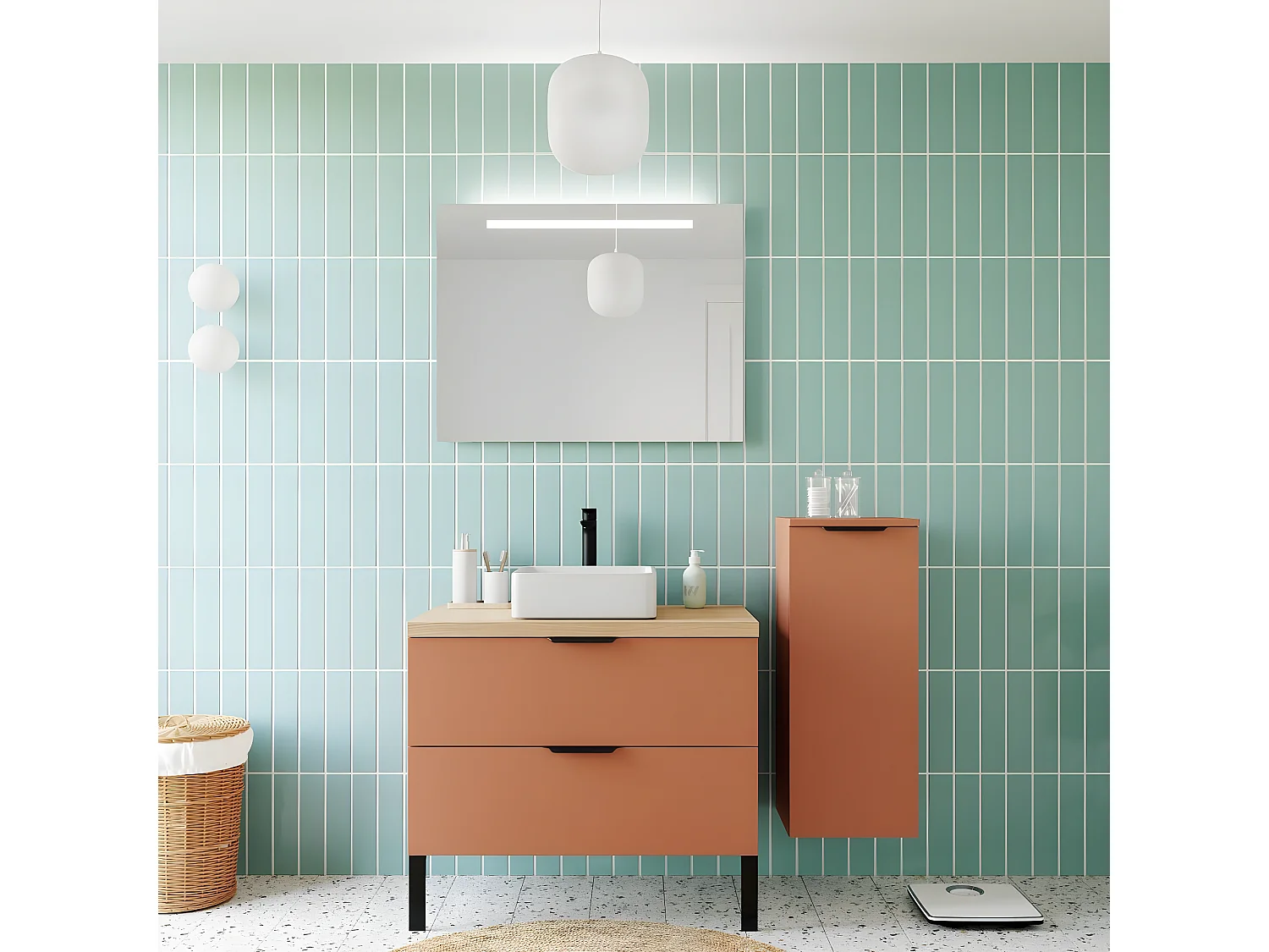 Meuble de salle de bain suspendu vasque à poser 90cm 2 tiroirs Terracotta + miroir + colonne ouverture droite - Soho