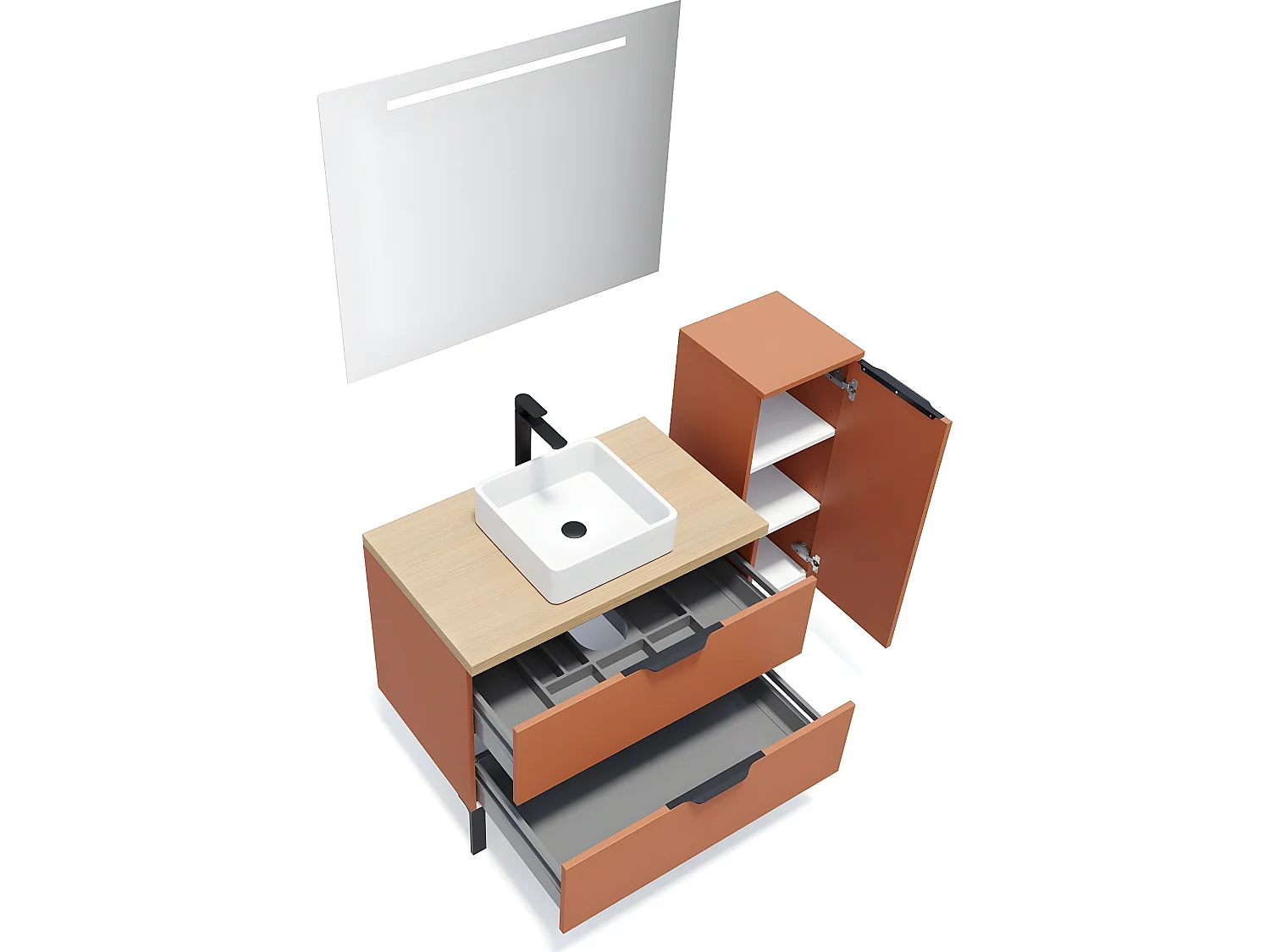 Meuble de salle de bain suspendu vasque à poser 90cm 2 tiroirs Terracotta + miroir + colonne ouverture droite - Soho