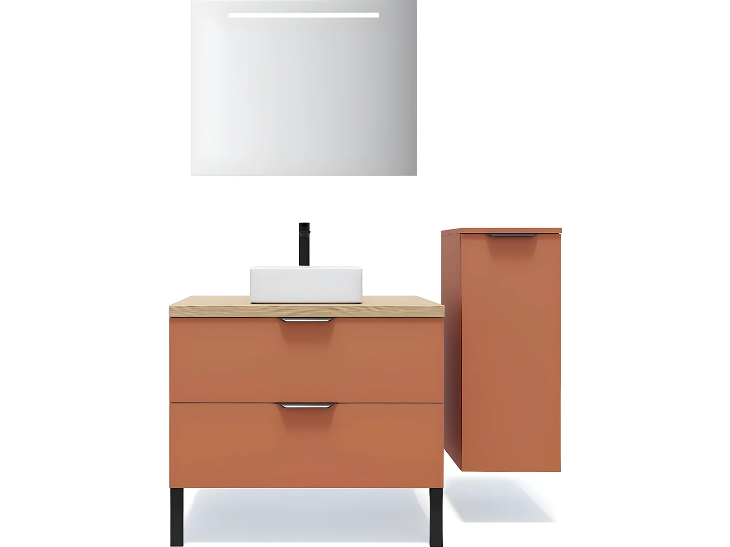 Meuble de salle de bain suspendu vasque à poser 90cm 2 tiroirs Terracotta + miroir + colonne ouverture droite - Soho