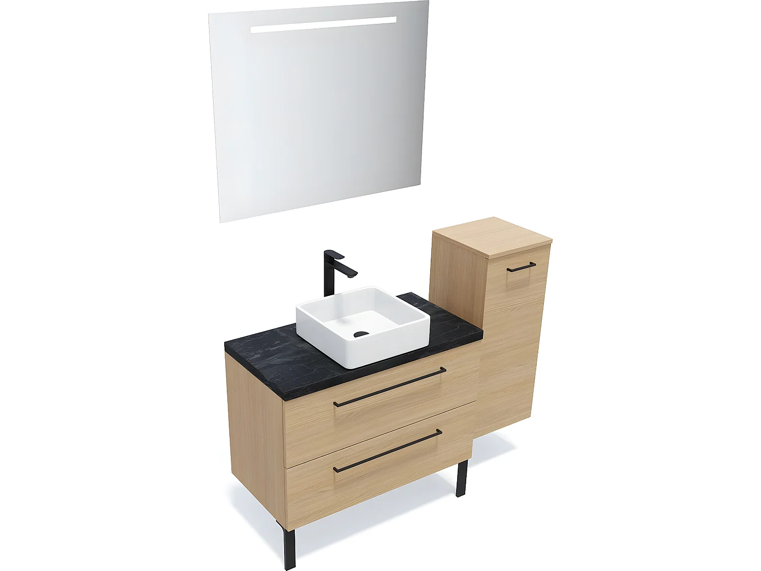 Meuble de salle de bain suspendu vasque à poser 90cm 2 tiroirs Chêne clair + miroir + colonne ouverture droite - Glasgow