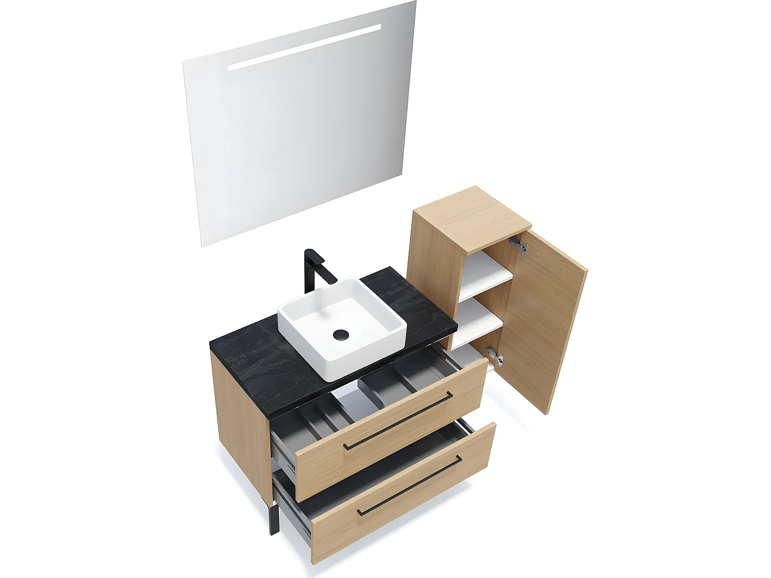 Meuble de salle de bain suspendu vasque à poser 90cm 2 tiroirs Chêne clair + miroir + colonne ouverture droite - Glasgow