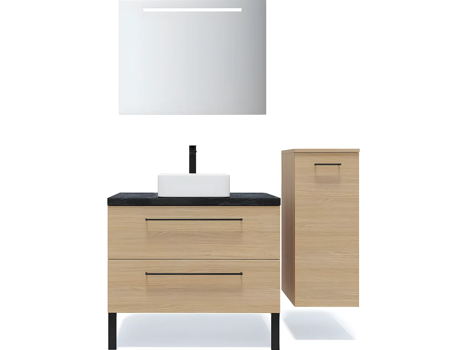 Meuble de salle de bain suspendu vasque à poser 90cm 2 tiroirs Chêne clair + miroir + colonne ouverture droite - Glasgow