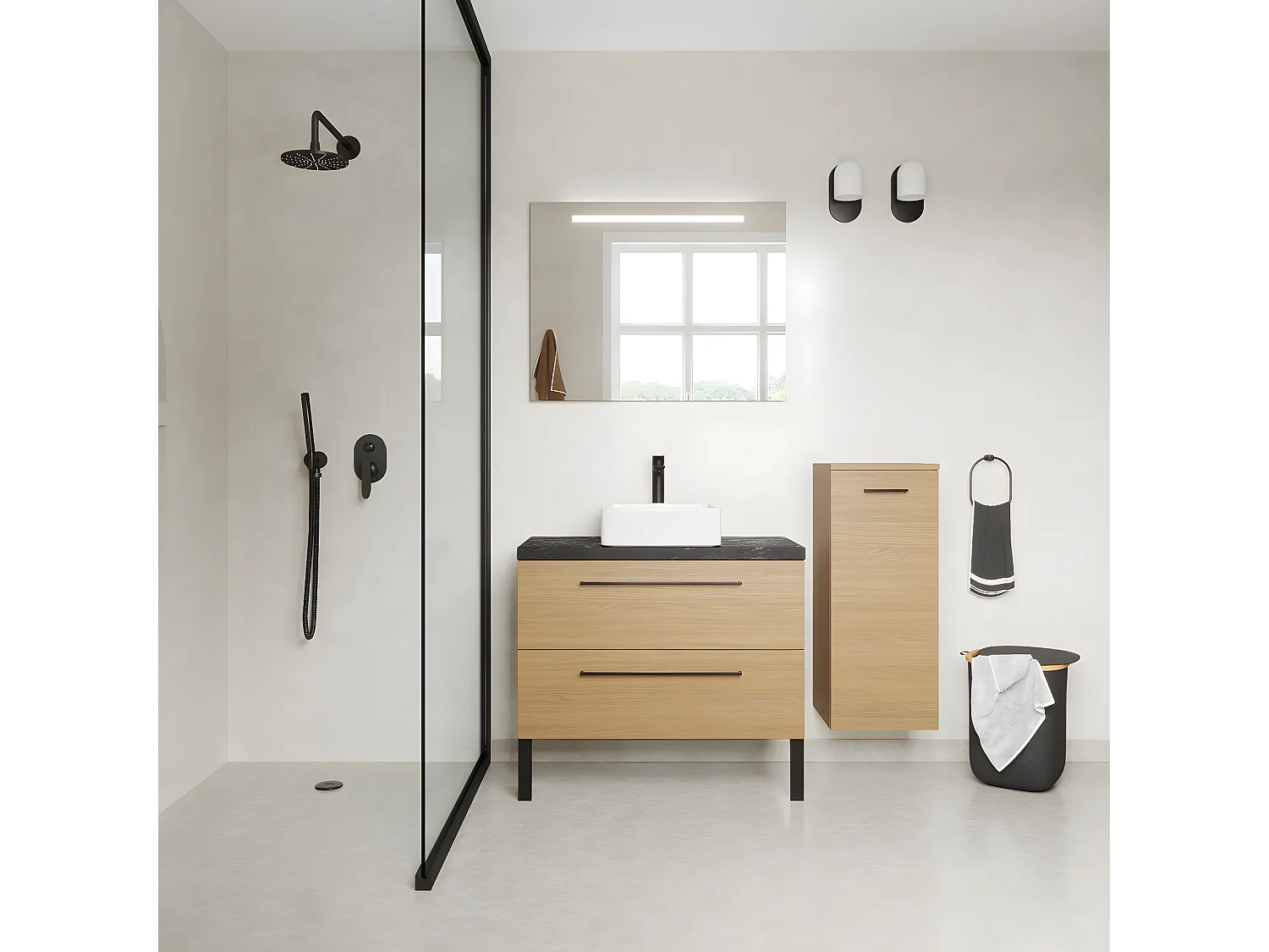 Meuble de salle de bain suspendu vasque à poser 90cm 2 tiroirs Chêne clair + miroir + colonne ouverture droite - Glasgow