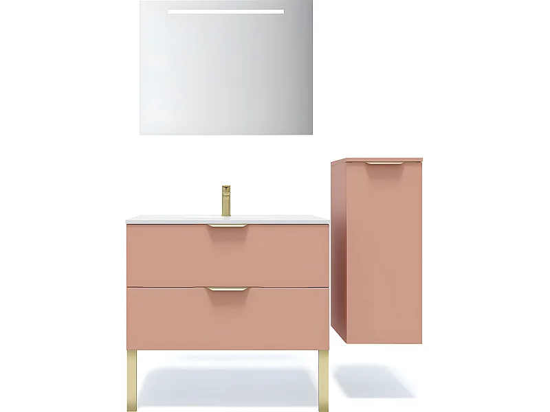 Meuble de salle de bain suspendu vasque intégrée 90cm 2 tiroirs Abricot + miroir + colonne ouverture droite - Venice