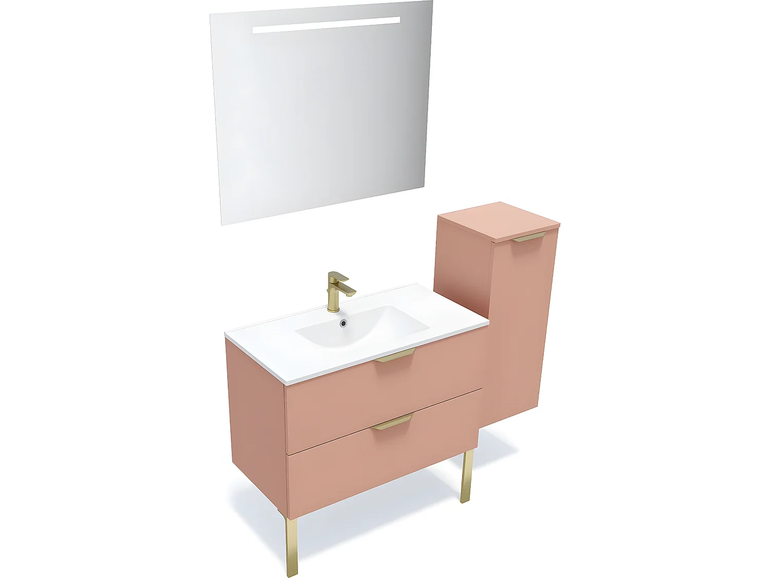 Meuble de salle de bain suspendu vasque intégrée 90cm 2 tiroirs Abricot + miroir + colonne ouverture droite - Venice
