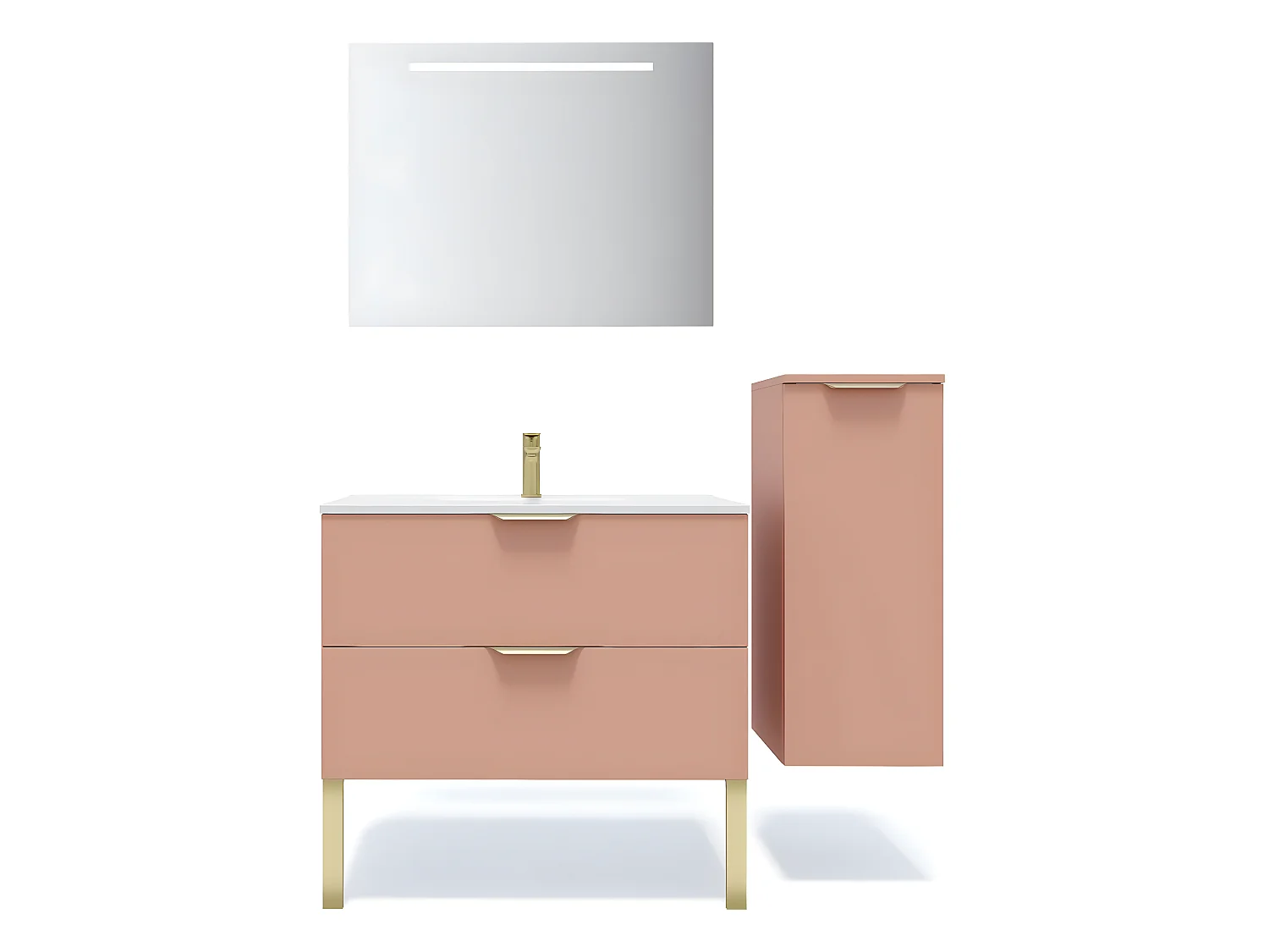 Meuble de salle de bain suspendu vasque intégrée 90cm 2 tiroirs Abricot + miroir + colonne ouverture droite - Venice