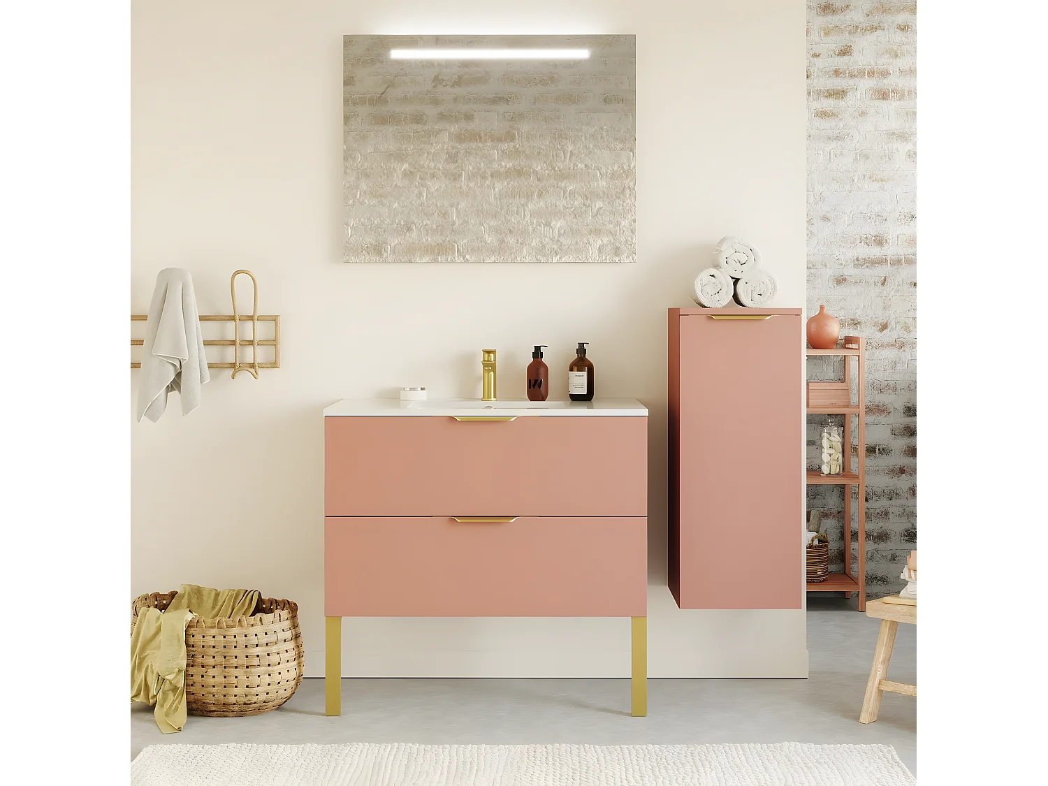 Meuble de salle de bain suspendu vasque intégrée 90cm 2 tiroirs Abricot + miroir + colonne ouverture droite - Venice