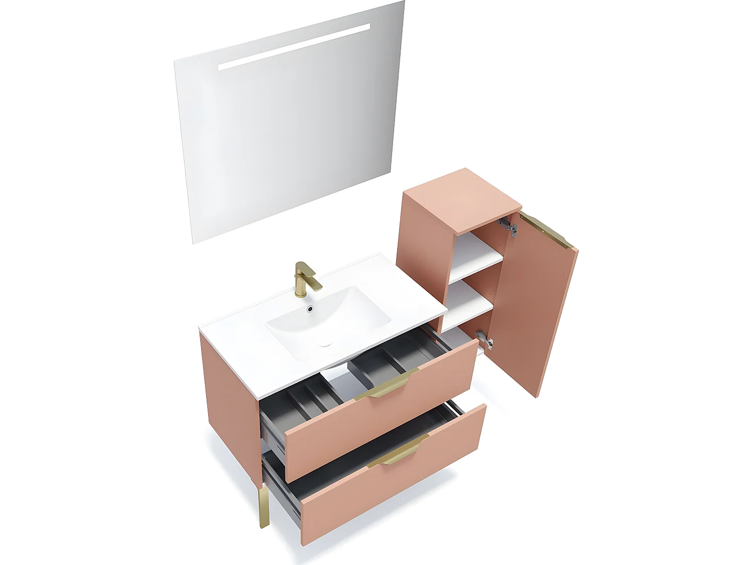 Meuble de salle de bain suspendu vasque intégrée 90cm 2 tiroirs Abricot + miroir + colonne ouverture droite - Venice
