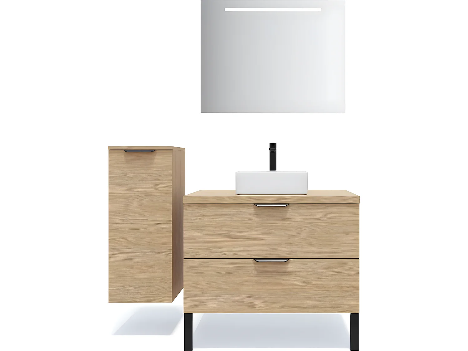 Meuble de salle de bain suspendu vasque à poser 90cm 2 tiroirs Chêne clair + miroir + colonne ouverture gauche - Soho