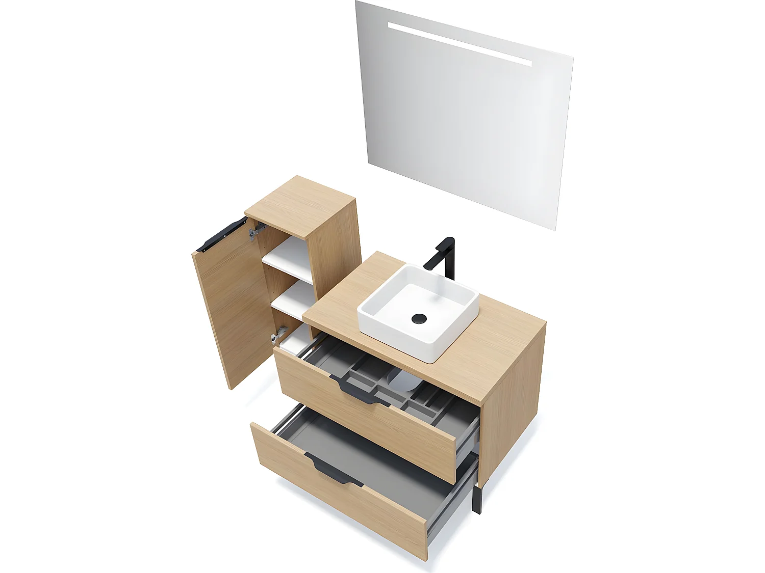 Meuble de salle de bain suspendu vasque à poser 90cm 2 tiroirs Chêne clair + miroir + colonne ouverture gauche - Soho