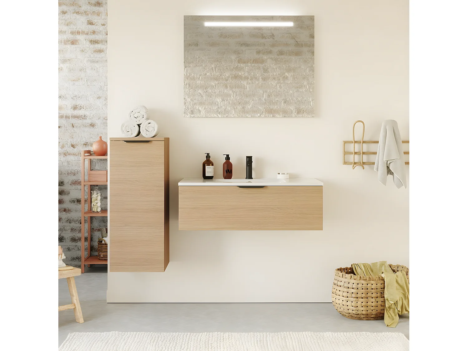 Meuble de salle de bain suspendu vasque intégrée 90cm 1 tiroir Chêne clair + miroir + colonne ouverture gauche - Venice