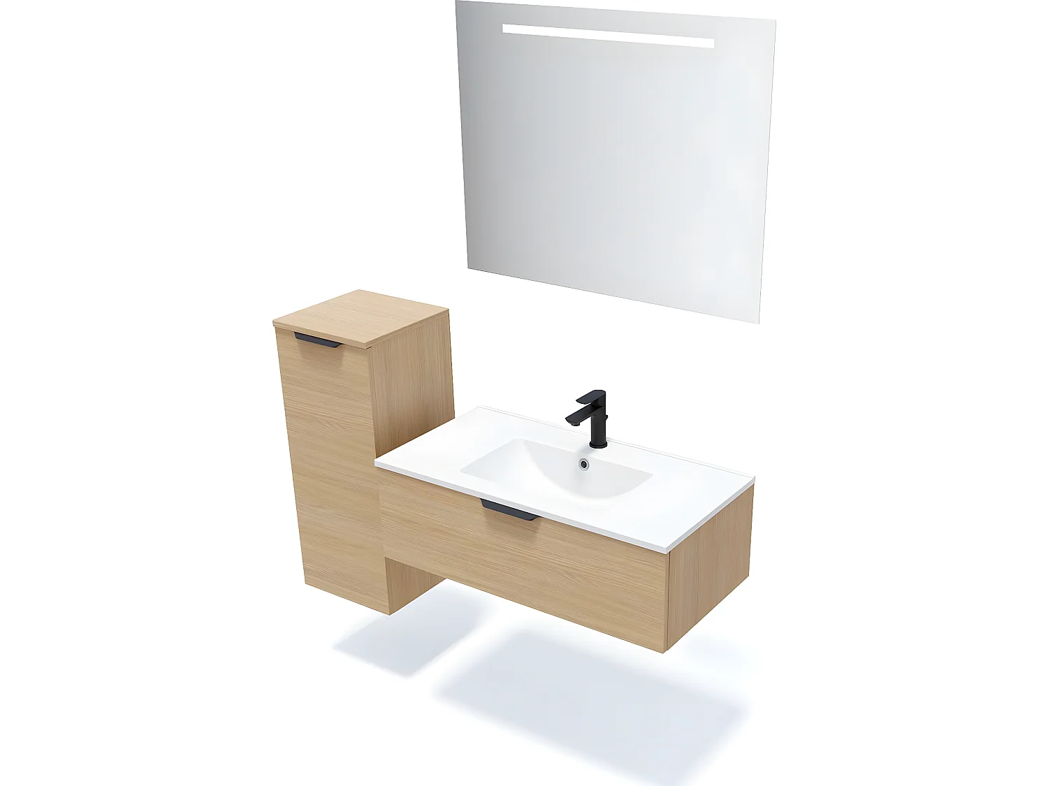 Meuble de salle de bain suspendu vasque intégrée 90cm 1 tiroir Chêne clair + miroir + colonne ouverture gauche - Venice