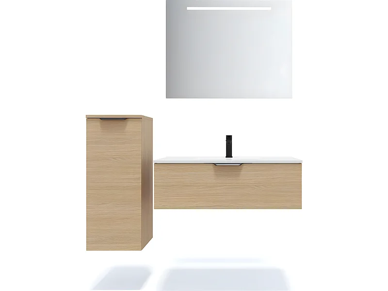 Meuble de salle de bain suspendu vasque intégrée 90cm 1 tiroir Chêne clair + miroir + colonne ouverture gauche - Venice