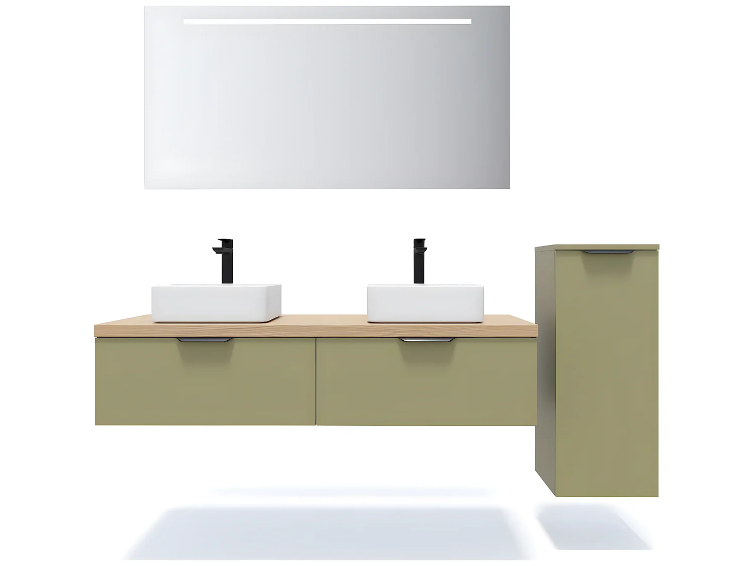 Meuble de salle de bain suspendu 2 vasques à poser 140cm 2 tiroirs Vert olive + miroir + colonne ouverture droite - Soho