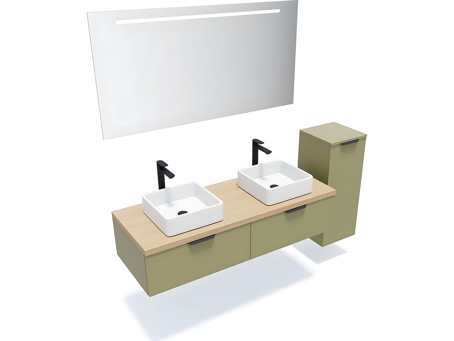 Meuble de salle de bain suspendu 2 vasques à poser 140cm 2 tiroirs Vert olive + miroir + colonne ouverture droite - Soho