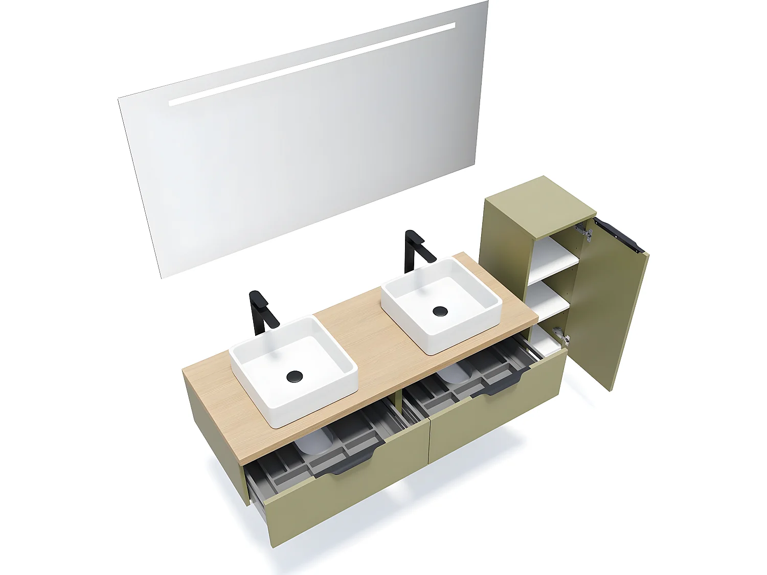 Meuble de salle de bain suspendu 2 vasques à poser 140cm 2 tiroirs Vert olive + miroir + colonne ouverture droite - Soho