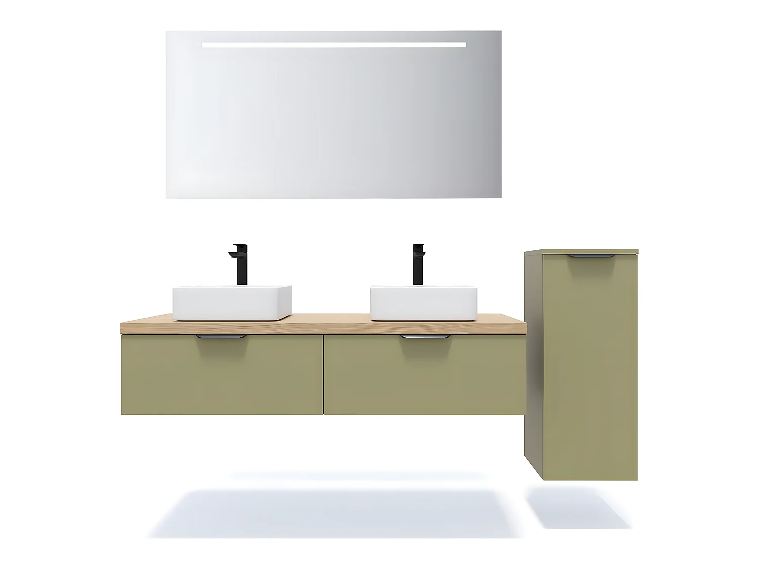 Meuble de salle de bain suspendu 2 vasques à poser 140cm 2 tiroirs Vert olive + miroir + colonne ouverture droite - Soho