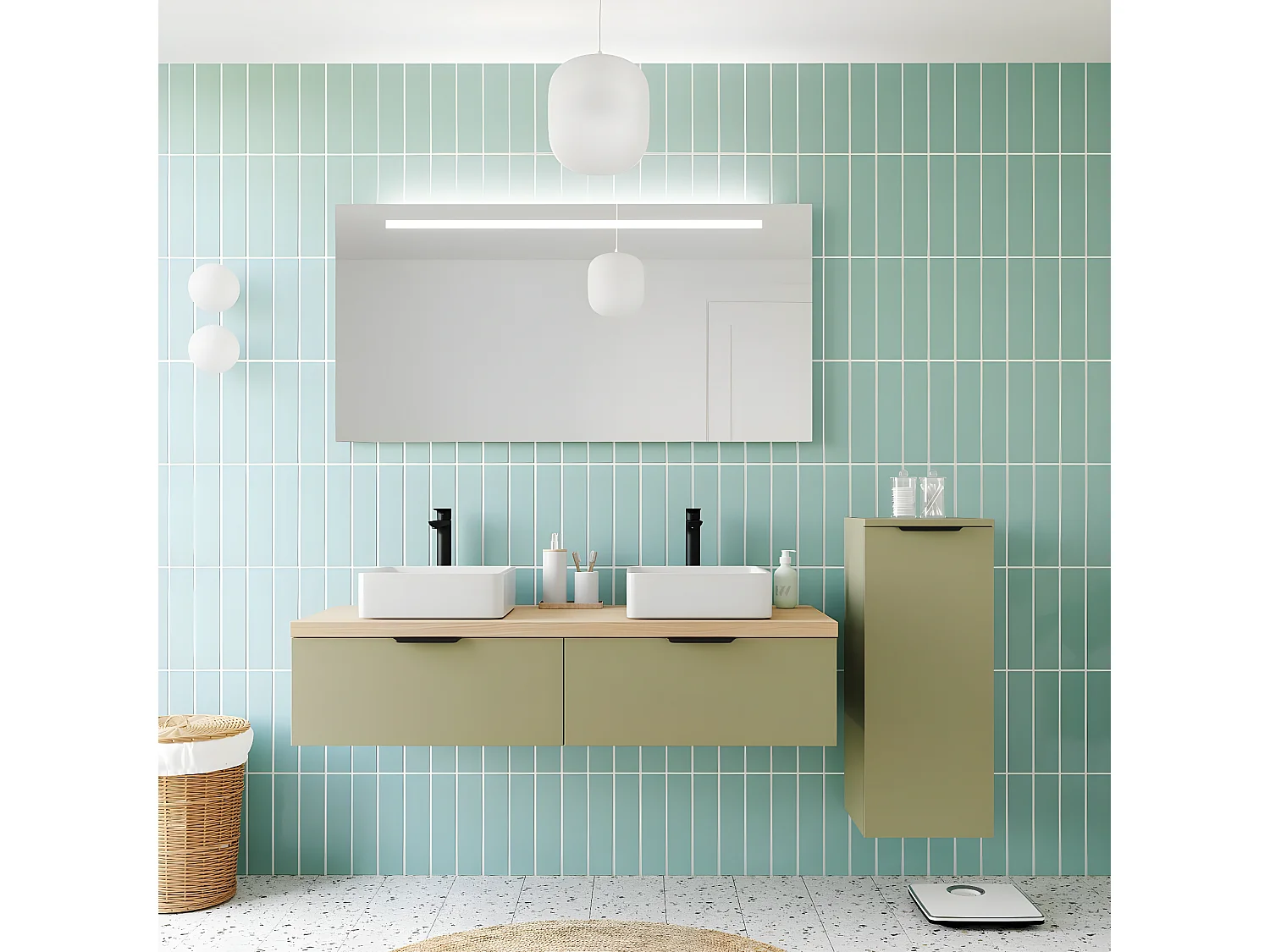 Meuble de salle de bain suspendu 2 vasques à poser 140cm 2 tiroirs Vert olive + miroir + colonne ouverture droite - Soho