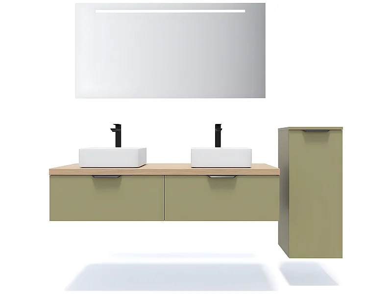 Meuble de salle de bain suspendu 2 vasques à poser 140cm 2 tiroirs Vert olive + miroir + colonne ouverture droite - Soho