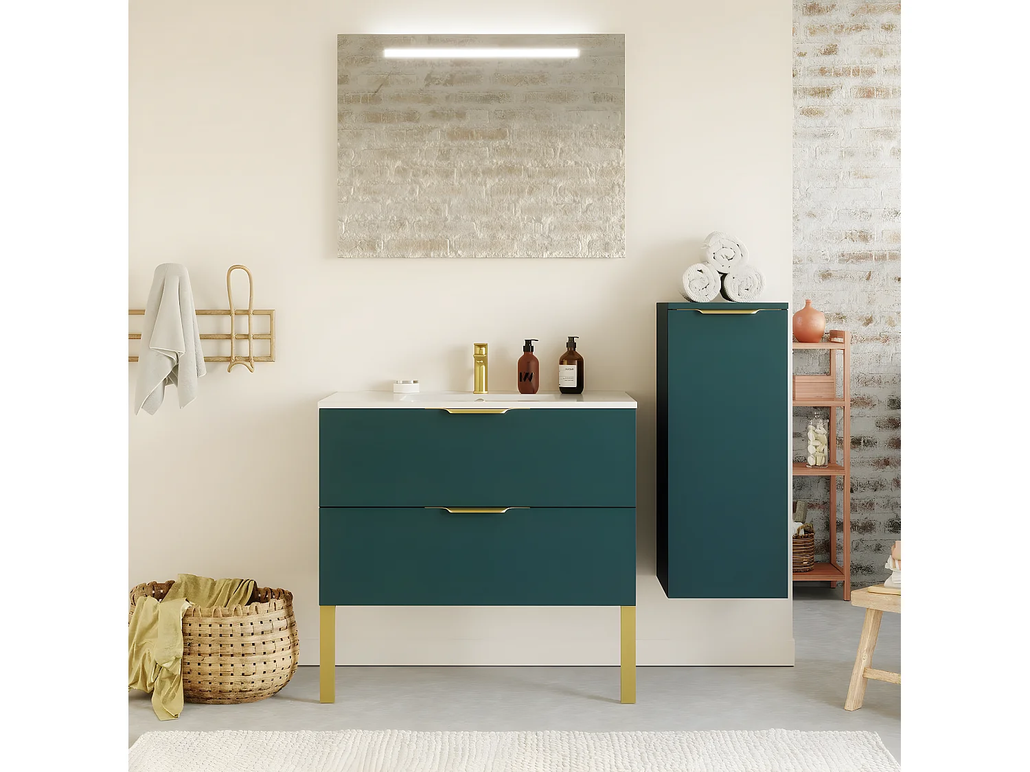 Meuble de salle de bain suspendu vasque intégrée 90cm 2 tiroirs Bleu + miroir + colonne ouverture droite - Venice