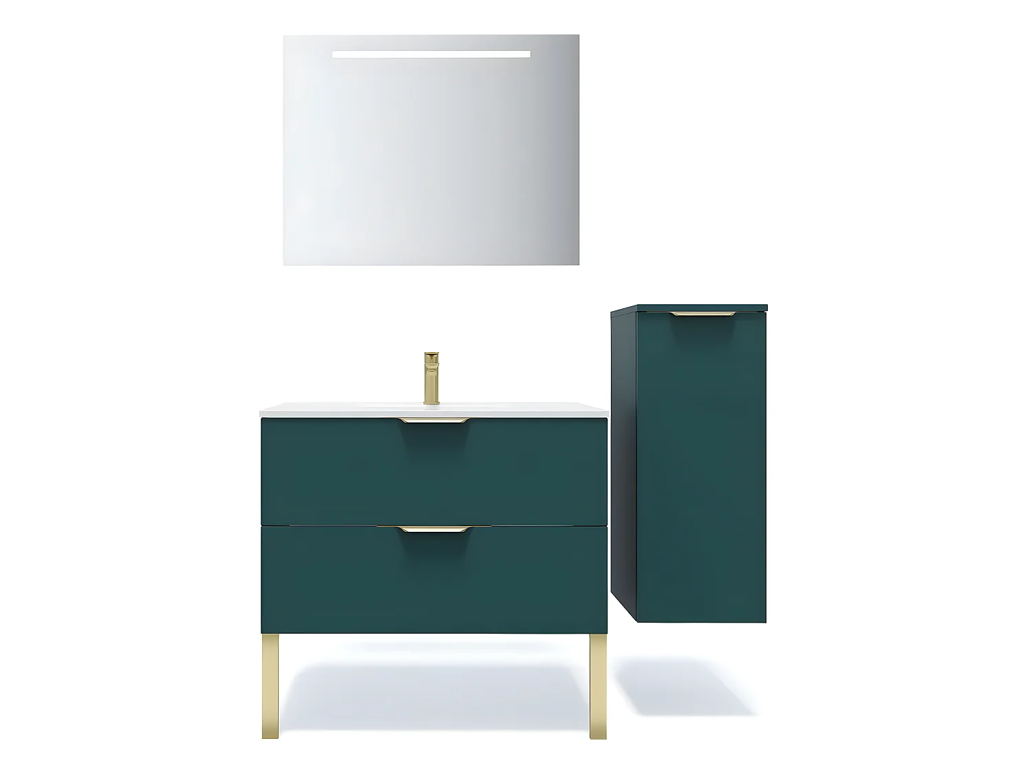 Meuble de salle de bain suspendu vasque intégrée 90cm 2 tiroirs Bleu + miroir + colonne ouverture droite - Venice