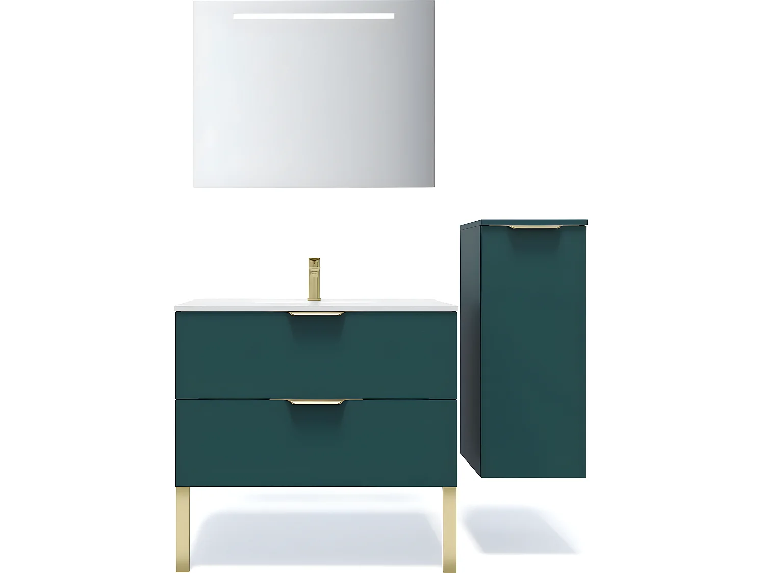 Meuble de salle de bain suspendu vasque intégrée 90cm 2 tiroirs Bleu + miroir + colonne ouverture droite - Venice