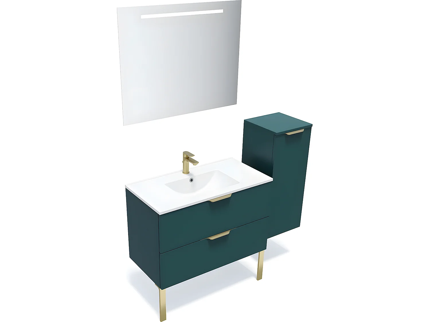 Meuble de salle de bain suspendu vasque intégrée 90cm 2 tiroirs Bleu + miroir + colonne ouverture droite - Venice