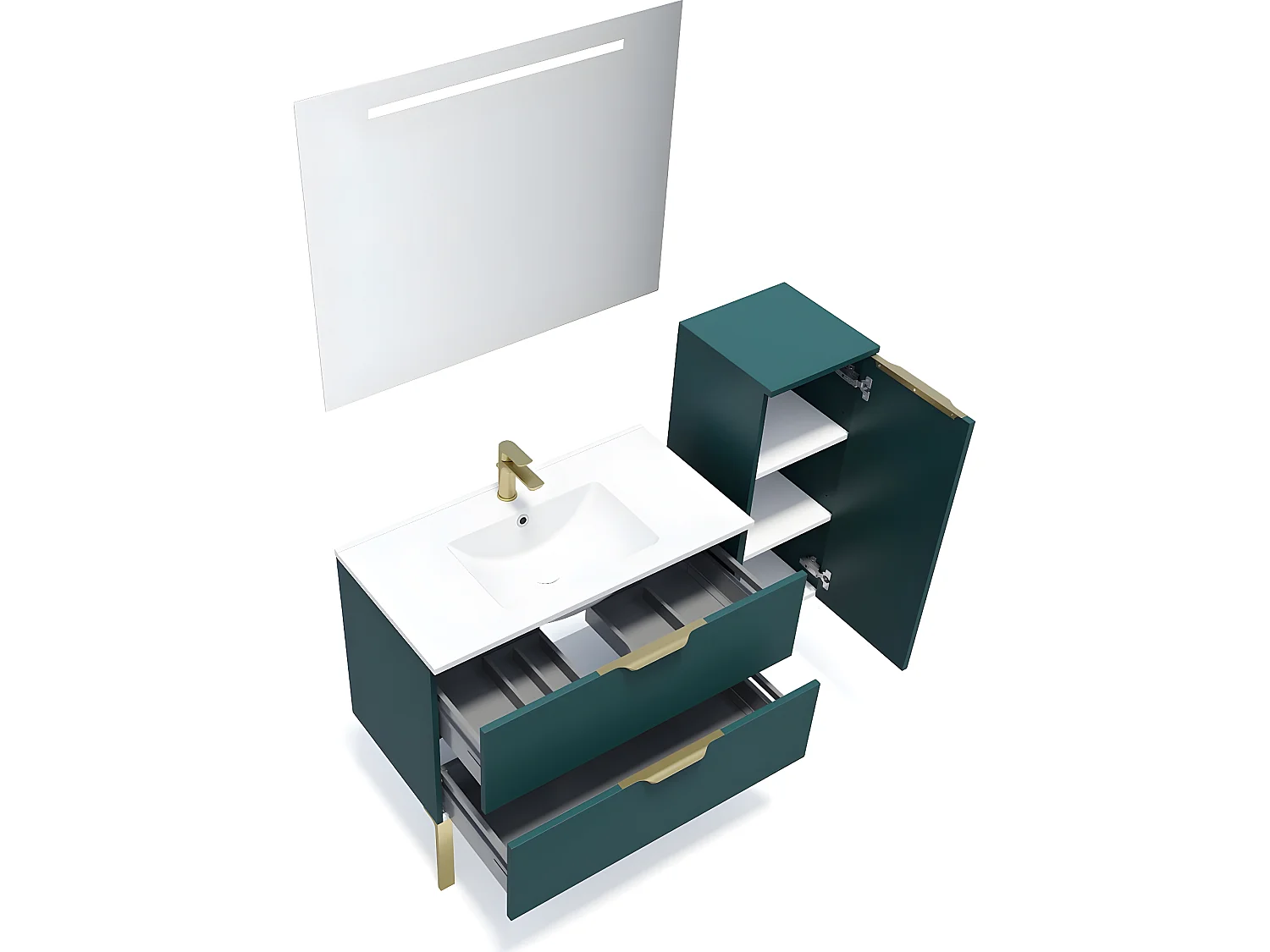 Meuble de salle de bain suspendu vasque intégrée 90cm 2 tiroirs Bleu + miroir + colonne ouverture droite - Venice