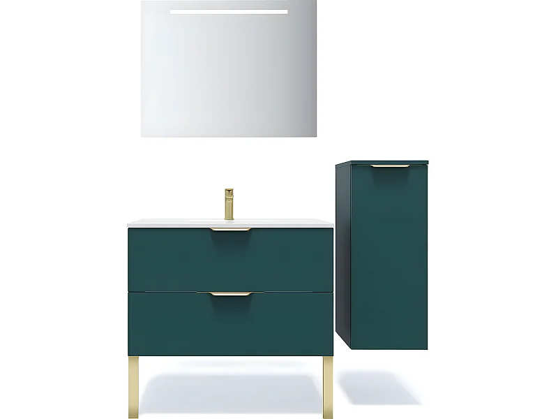 Meuble de salle de bain suspendu vasque intégrée 90cm 2 tiroirs Bleu + miroir + colonne ouverture droite - Venice