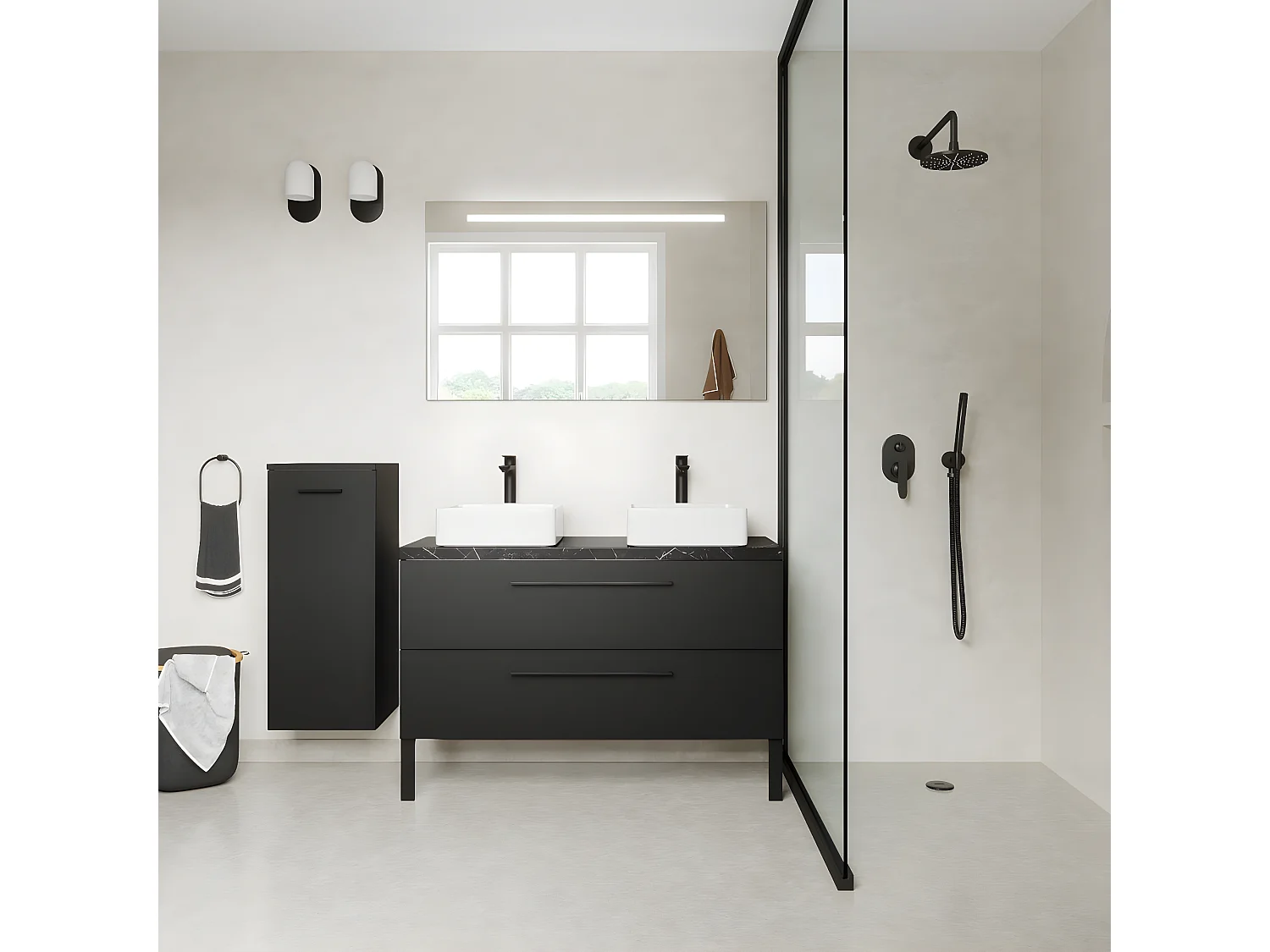 Meuble de salle de bain suspendu 2 vasques à poser 120cm 2 tiroirs Noir + miroir + colonne ouverture gauche - Glasgow