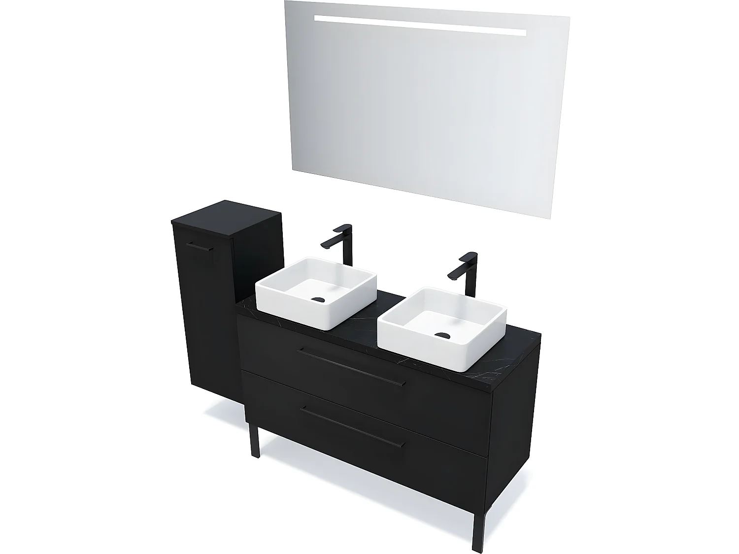 Meuble de salle de bain suspendu 2 vasques à poser 120cm 2 tiroirs Noir + miroir + colonne ouverture gauche - Glasgow