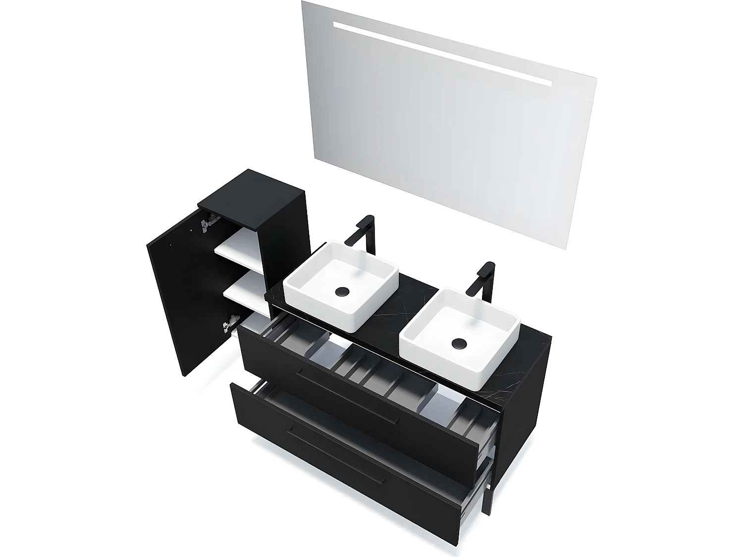 Meuble de salle de bain suspendu 2 vasques à poser 120cm 2 tiroirs Noir + miroir + colonne ouverture gauche - Glasgow