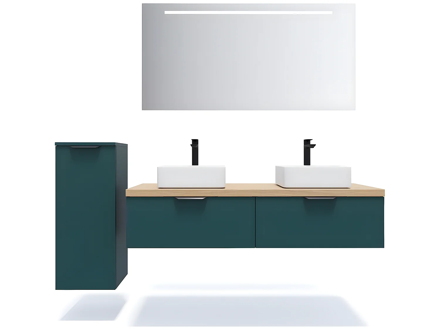 Meuble de salle de bain suspendu 2 vasques à poser 140cm 2 tiroirs Bleu + miroir + colonne ouverture gauche - Soho