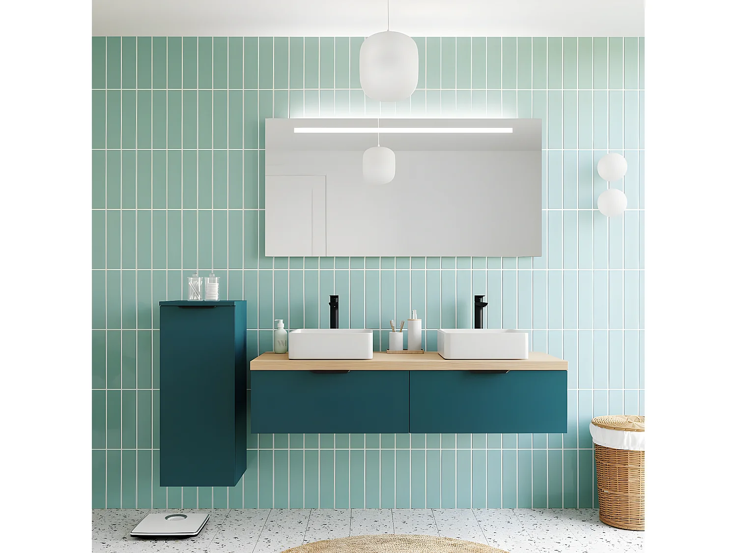 Meuble de salle de bain suspendu 2 vasques à poser 140cm 2 tiroirs Bleu + miroir + colonne ouverture gauche - Soho