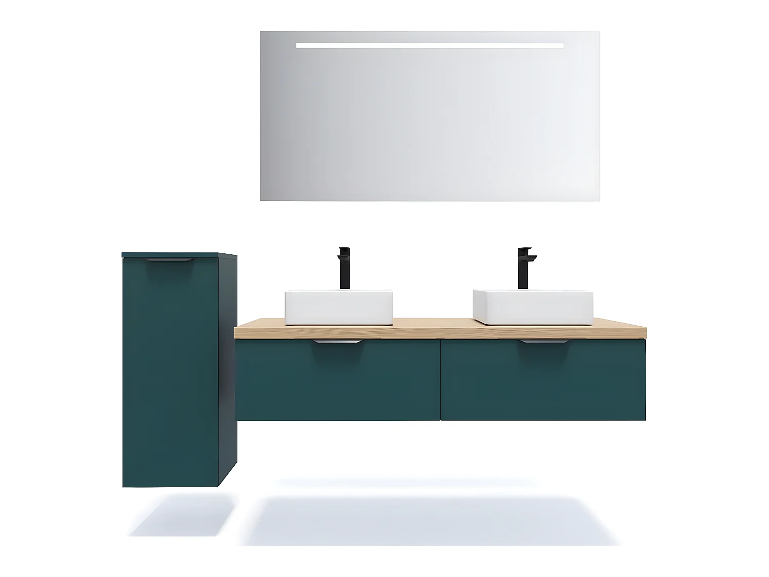 Meuble de salle de bain suspendu 2 vasques à poser 140cm 2 tiroirs Bleu + miroir + colonne ouverture gauche - Soho