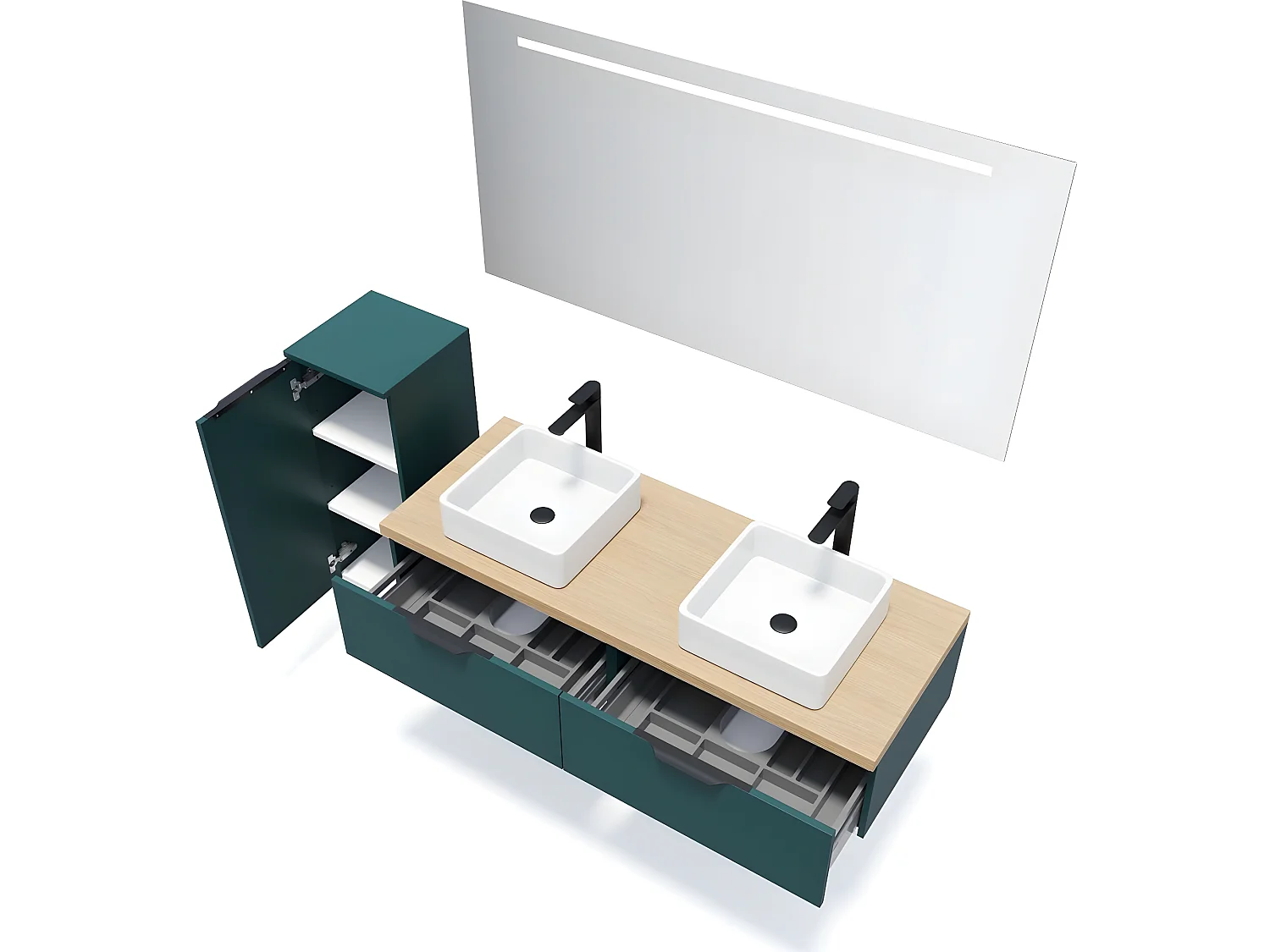 Meuble de salle de bain suspendu 2 vasques à poser 140cm 2 tiroirs Bleu + miroir + colonne ouverture gauche - Soho