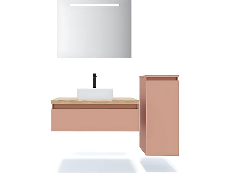 Meuble de salle de bain suspendu vasque à poser 90cm 1 tiroir Abricot + miroir + colonne ouverture droite - Hudson