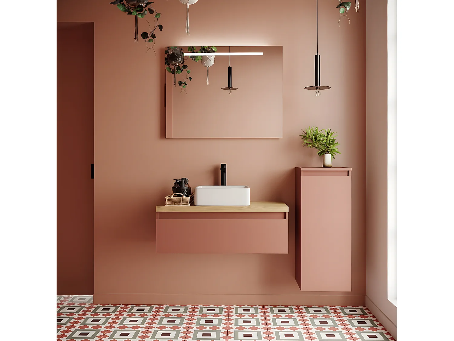 Meuble de salle de bain suspendu vasque à poser 90cm 1 tiroir Abricot + miroir + colonne ouverture droite - Hudson