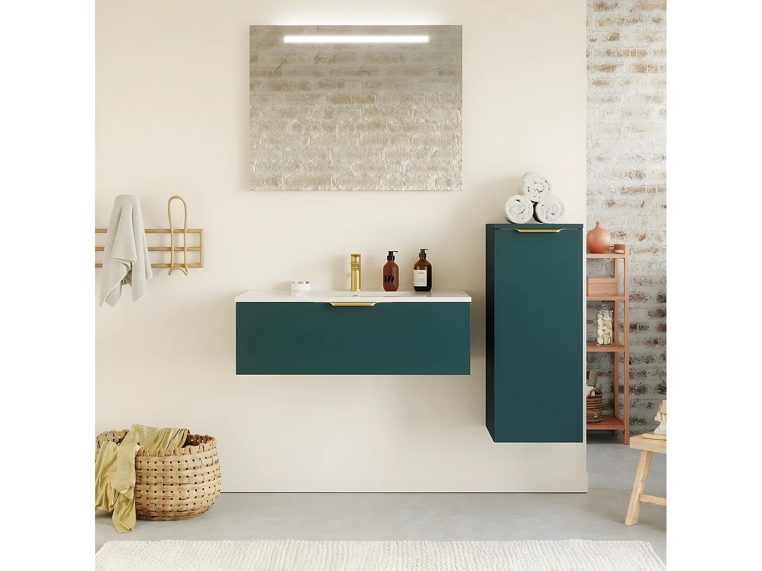 Meuble de salle de bain suspendu vasque intégrée 90cm 1 tiroir Bleu + miroir + colonne ouverture droite - Venice
