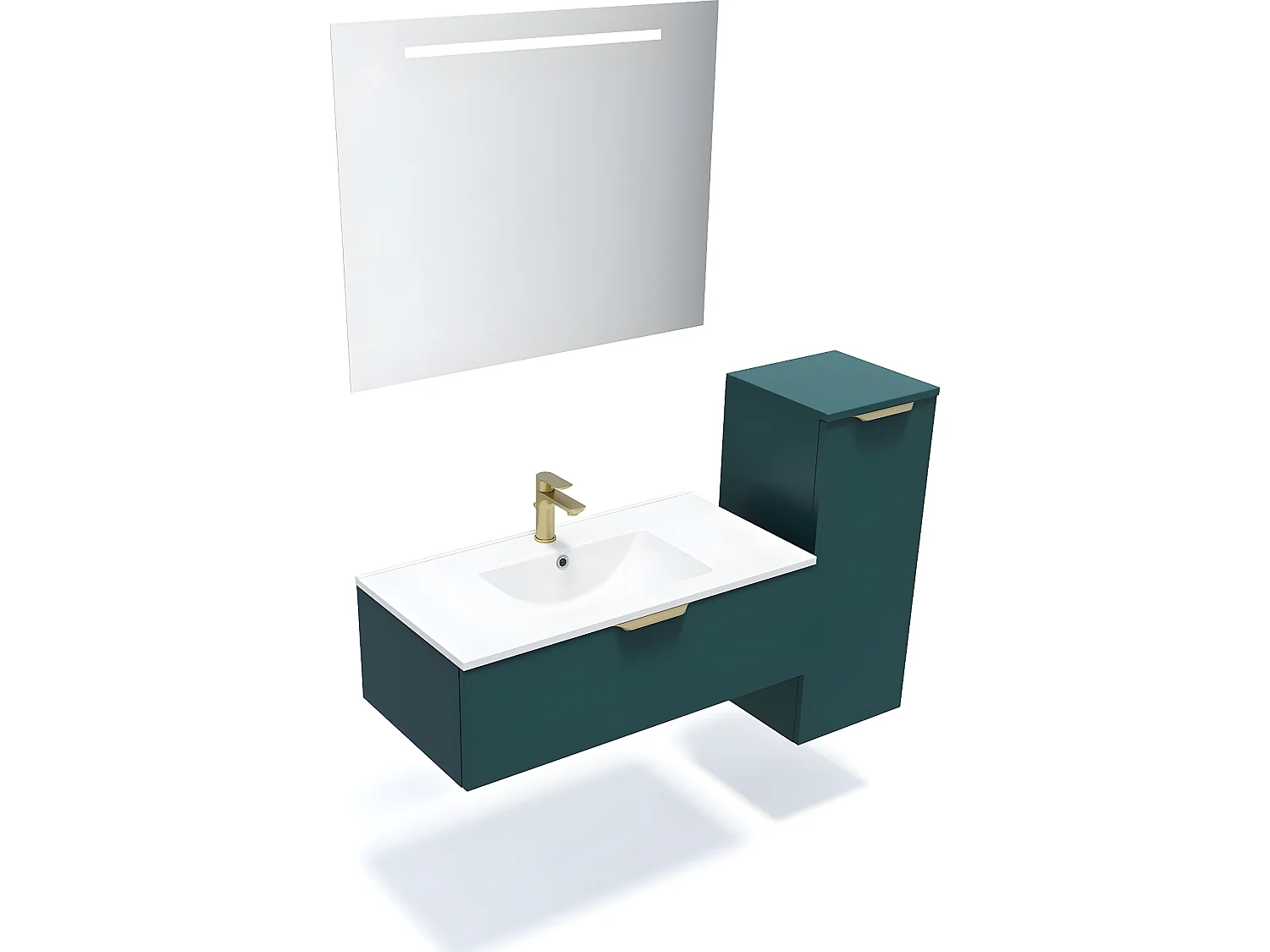Meuble de salle de bain suspendu vasque intégrée 90cm 1 tiroir Bleu + miroir + colonne ouverture droite - Venice