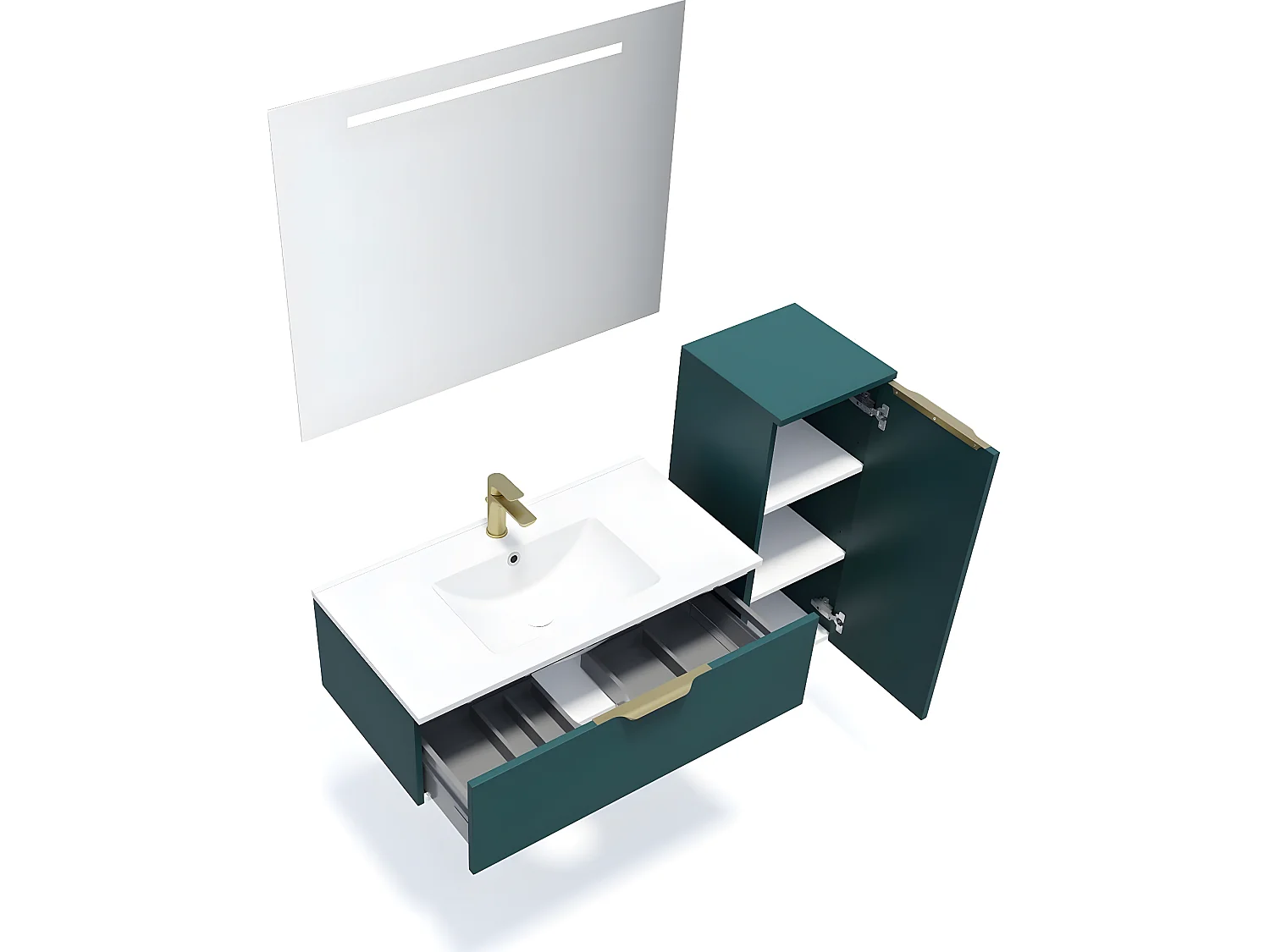 Meuble de salle de bain suspendu vasque intégrée 90cm 1 tiroir Bleu + miroir + colonne ouverture droite - Venice