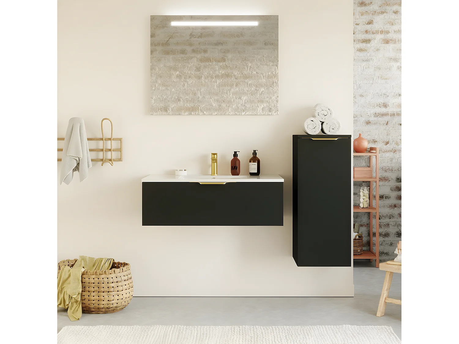 Meuble de salle de bain suspendu vasque intégrée 90cm 1 tiroir Noir + miroir + colonne ouverture droite - Venice