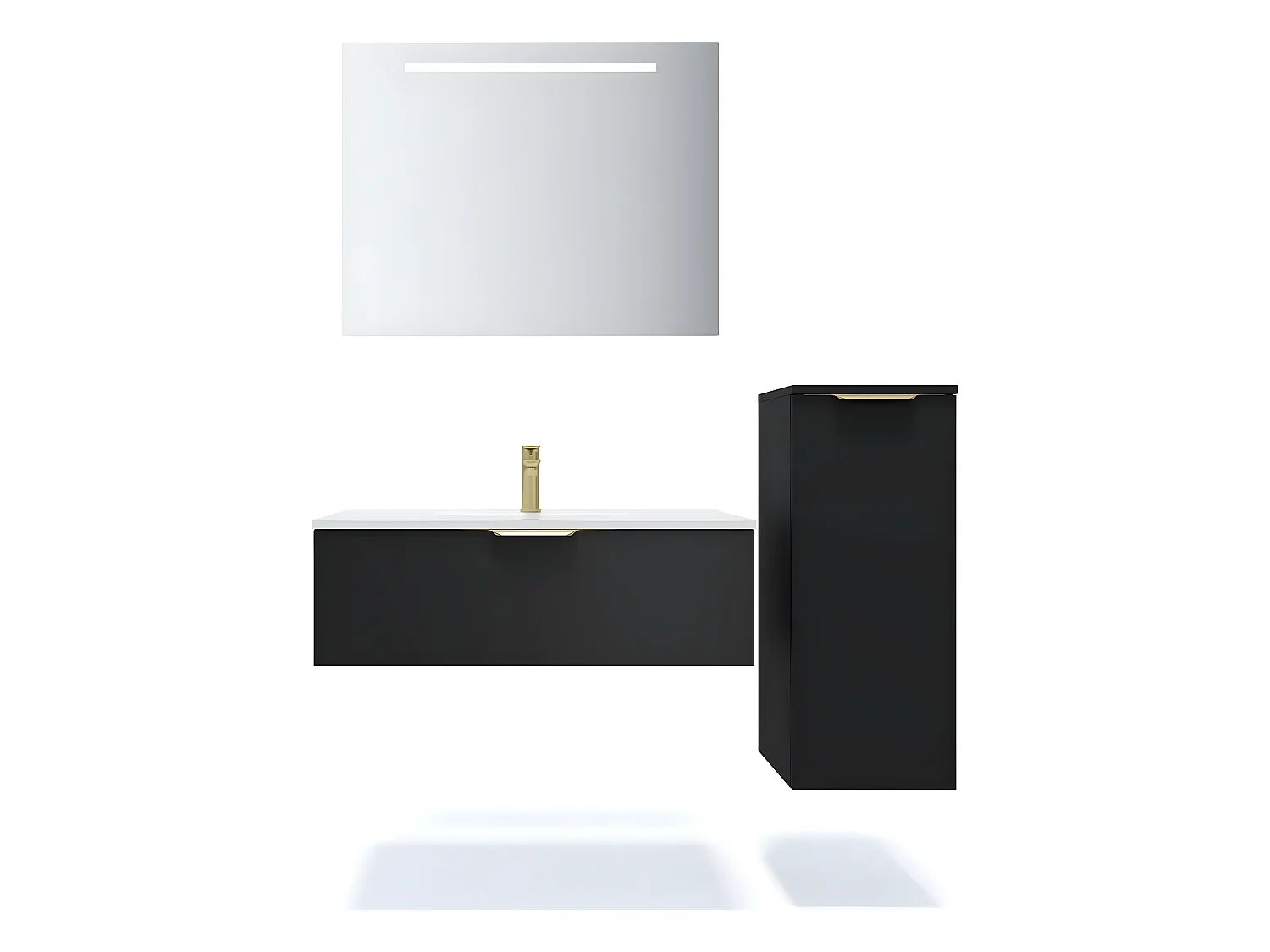 Meuble de salle de bain suspendu vasque intégrée 90cm 1 tiroir Noir + miroir + colonne ouverture droite - Venice