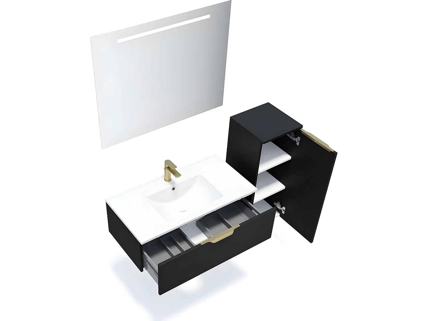 Meuble de salle de bain suspendu vasque intégrée 90cm 1 tiroir Noir + miroir + colonne ouverture droite - Venice