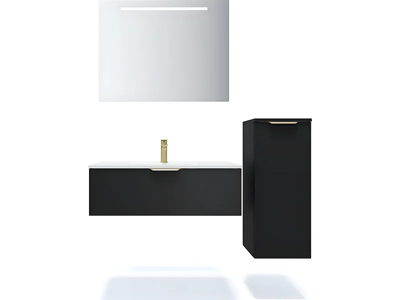 Meuble de salle de bain suspendu vasque intégrée 90cm 1 tiroir Noir + miroir + colonne ouverture droite - Venice